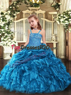 Straps Sleeveless Custom Made Floor Length Beading and Ruffles Blue Organza