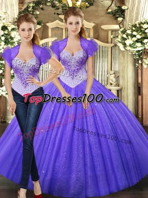 Fashionable Purple Ball Gowns Tulle Straps Sleeveless Beading Floor Length Lace Up Quinceanera Dresses