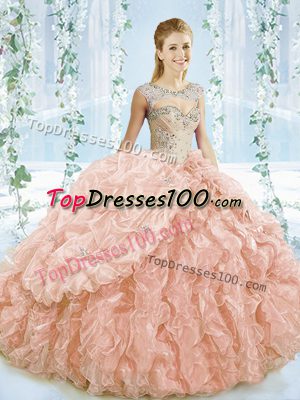 Sweetheart Sleeveless Brush Train Lace Up Sweet 16 Dresses Peach Organza