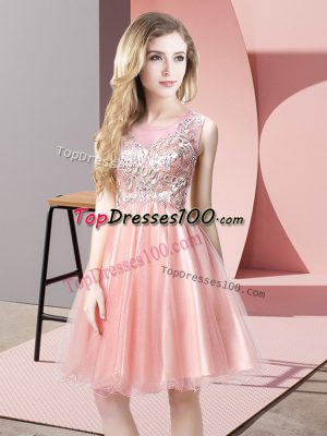 Affordable Baby Pink A-line Tulle Scoop Sleeveless Beading Knee Length Zipper Prom Evening Gown