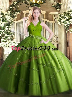 Customized V-neck Sleeveless Zipper Vestidos de Quinceanera Olive Green Tulle