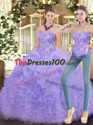 Sexy Floor Length Lavender Ball Gown Prom Dress Organza Sleeveless Appliques and Ruffles