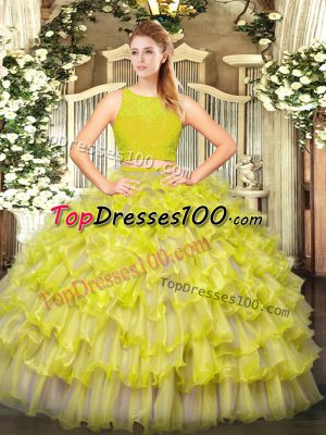Exceptional Yellow Green Scoop Zipper Ruffled Layers Vestidos de Quinceanera Sleeveless