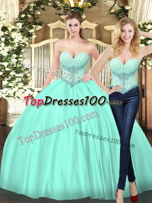Apple Green Lace Up Quinceanera Gown Beading Sleeveless Floor Length