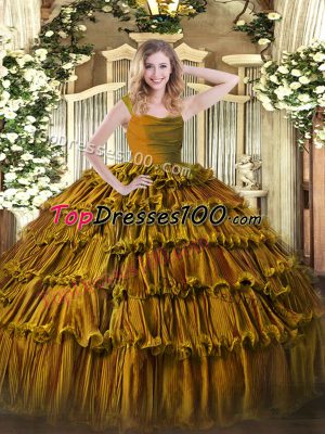 Sexy Organza Straps Sleeveless Zipper Lace and Ruffled Layers Quinceanera Dresses in Brown