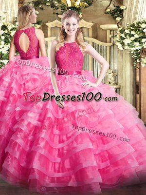 Scoop Sleeveless Zipper Quinceanera Dress Hot Pink Organza