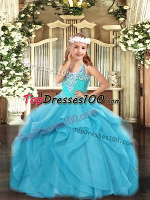 Sleeveless Floor Length Beading and Ruffles Lace Up Party Dress for Toddlers with Aqua Blue