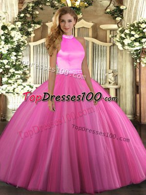 Eye-catching Rose Pink Ball Gowns Tulle Halter Top Sleeveless Beading Floor Length Backless 15 Quinceanera Dress