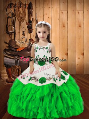 Excellent Green Lace Up Party Dress for Girls Embroidery and Ruffles Sleeveless Floor Length