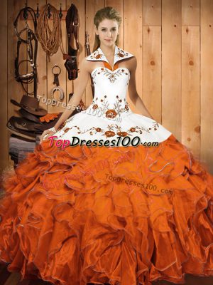 Orange Red Ball Gowns Satin and Organza Halter Top Sleeveless Embroidery and Ruffles Floor Length Lace Up Quince Ball Gowns