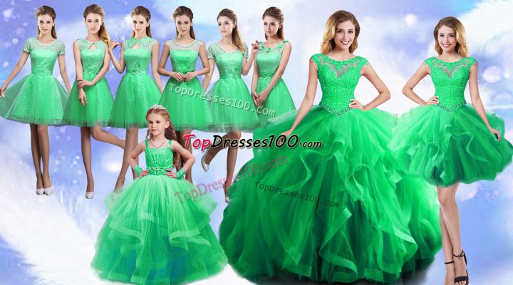 Sleeveless Floor Length Beading and Ruffles Lace Up Ball Gown Prom Dress with Green