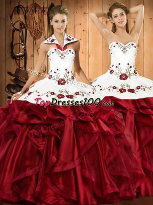 Wine Red Ball Gowns Organza Halter Top Sleeveless Embroidery and Ruffles Floor Length Lace Up Sweet 16 Quinceanera Dress