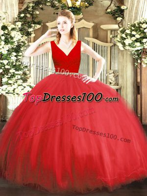 Fabulous Floor Length Red Quinceanera Gowns V-neck Sleeveless Zipper