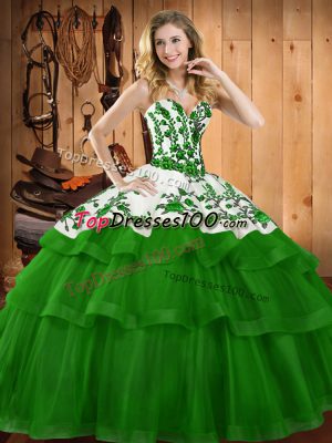 Flirting Dark Green Sweet 16 Dresses Sweetheart Sleeveless Sweep Train Lace Up
