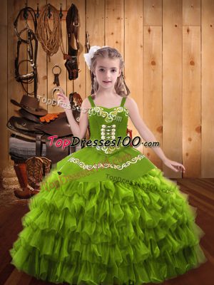 Low Price Floor Length Olive Green Party Dress for Toddlers Straps Sleeveless Lace Up