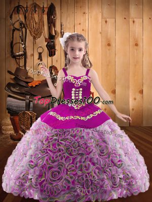 Great Sleeveless Floor Length Embroidery and Ruffles Lace Up Little Girl Pageant Dress with Multi-color