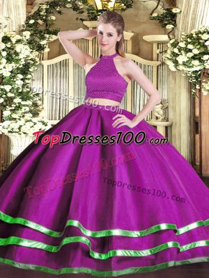 Tulle Halter Top Sleeveless Backless Beading 15th Birthday Dress in Fuchsia