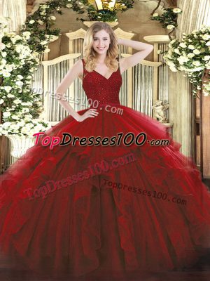 Dynamic Wine Red Ball Gowns Organza V-neck Sleeveless Beading and Lace and Ruffles Floor Length Backless Quinceanera Gown