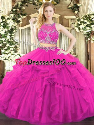 Admirable Fuchsia Zipper 15th Birthday Dress Beading and Ruffles Sleeveless Floor Length