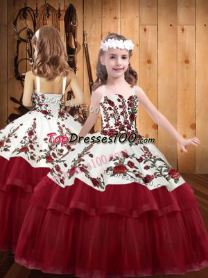 Most Popular Wine Red Sleeveless Organza Lace Up Little Girls Pageant Dress Wholesale for Party and Sweet 16 and Quinceanera and Wedding Party