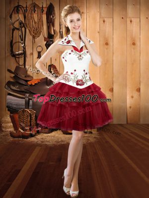 Eye-catching Burgundy Ball Gowns Halter Top Sleeveless Organza Mini Length Lace Up Embroidery and Ruffled Layers Prom Dresses