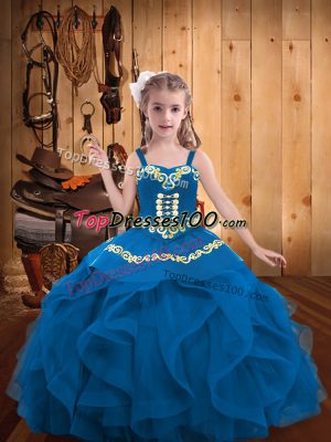 Affordable Floor Length Ball Gowns Sleeveless Blue Pageant Gowns For Girls Lace Up