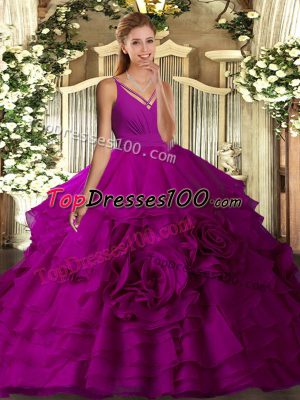Fashionable Fuchsia Sleeveless Sweep Train Ruching With Train Quinceanera Gown