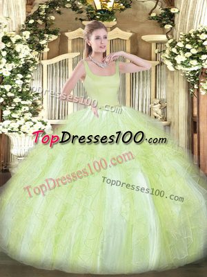 Tulle Straps Sleeveless Zipper Beading and Ruffles Vestidos de Quinceanera in Yellow Green