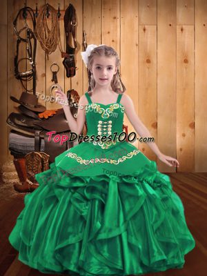 Customized Floor Length Turquoise Girls Pageant Dresses Organza Sleeveless Embroidery and Ruffles