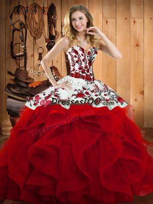Captivating Embroidery and Ruffles Sweet 16 Dress Wine Red Lace Up Sleeveless Floor Length