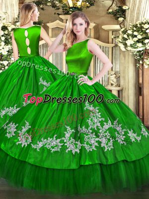 Floor Length Green 15th Birthday Dress Satin and Tulle Sleeveless Embroidery