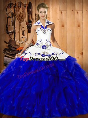 Sexy Blue And White Ball Gowns Halter Top Sleeveless Satin and Organza Floor Length Lace Up Embroidery and Ruffles Quinceanera Dresses