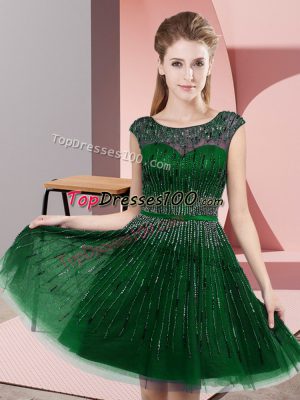 Knee Length Green Dress for Prom Tulle Sleeveless Beading