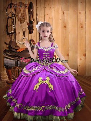 Satin Sleeveless Floor Length Little Girls Pageant Dress and Beading and Embroidery