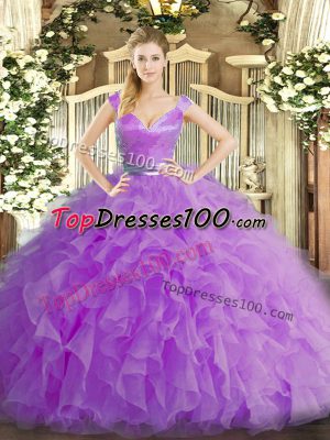 Cute Lilac Ball Gowns V-neck Sleeveless Organza Floor Length Zipper Ruffles Ball Gown Prom Dress
