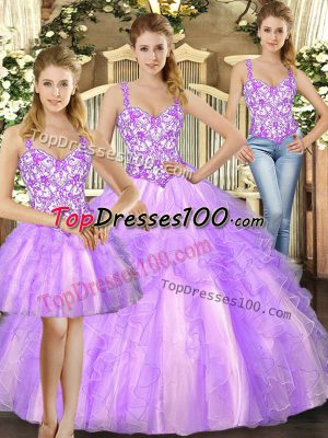 Organza Straps Sleeveless Lace Up Beading and Ruffles Quinceanera Gown in Lilac