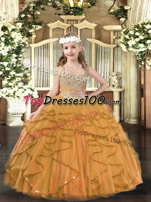 Elegant Orange Ball Gowns Tulle Straps Sleeveless Beading and Ruffles Floor Length Lace Up Little Girl Pageant Dress