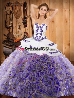 Simple With Train Multi-color Quinceanera Gowns Satin and Fabric With Rolling Flowers Sweep Train Sleeveless Embroidery