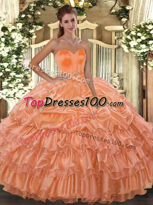 Sleeveless Organza Floor Length Lace Up Sweet 16 Dresses in Orange with Beading and Ruffled Layers
