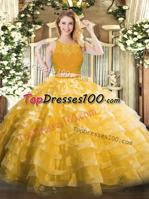 Gold Organza Zipper Scoop Sleeveless Floor Length Quinceanera Gowns Lace and Ruffled Layers