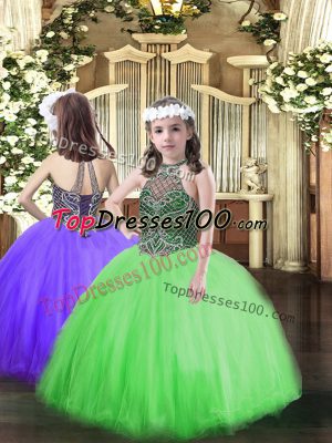 Hot Sale Floor Length Green Girls Pageant Dresses Halter Top Sleeveless Lace Up