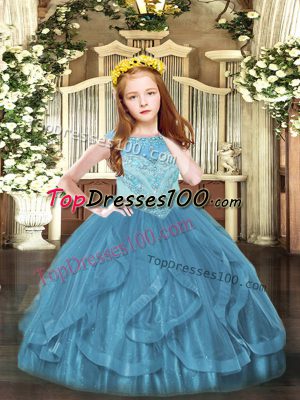 Beading and Ruffles Pageant Dress Toddler Teal Zipper Sleeveless Floor Length