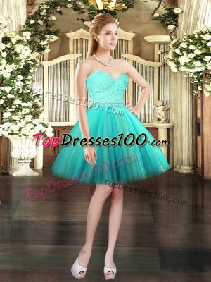 Aqua Blue Ball Gowns Sweetheart Sleeveless Tulle Mini Length Lace Up Beading and Lace