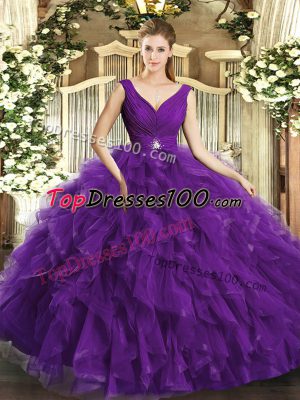Purple Sleeveless Floor Length Beading and Ruffles Backless Sweet 16 Dress