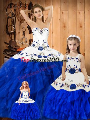 Eye-catching Floor Length Ball Gowns Sleeveless Blue And White Vestidos de Quinceanera Lace Up