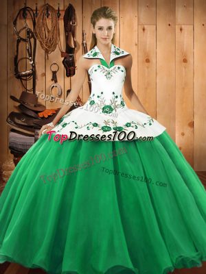 Floor Length Green 15 Quinceanera Dress Satin and Tulle Sleeveless Embroidery