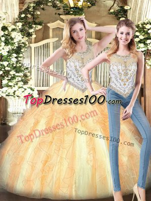 Classical Floor Length Zipper Sweet 16 Dress Gold for Military Ball and Sweet 16 and Quinceanera with Beading and Ruffles
