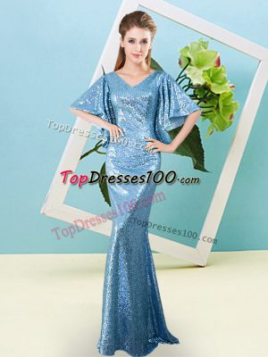 Sequins Prom Dress Baby Blue Zipper Half Sleeves Floor Length