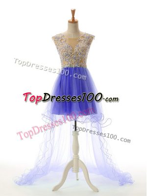 Glittering Scoop Sleeveless Backless Prom Dresses Blue Tulle