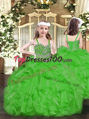 Stunning Green Organza Lace Up Straps Sleeveless Floor Length Party Dress for Girls Beading and Ruffles